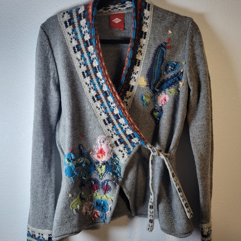 Oilily Gray Floral Embroidered Cardigan